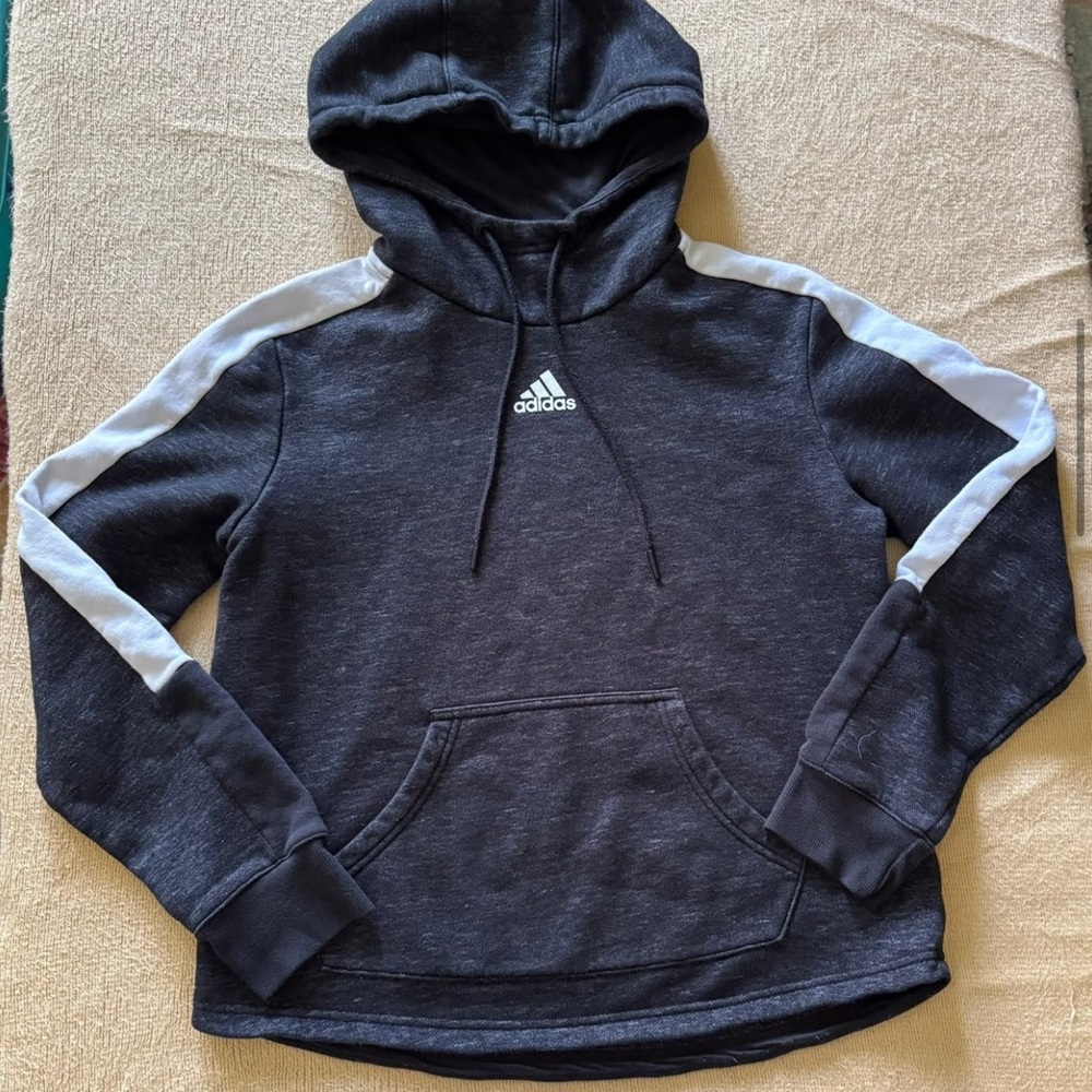 Adidas Women's Dark Gray Hoodie with White Stripes